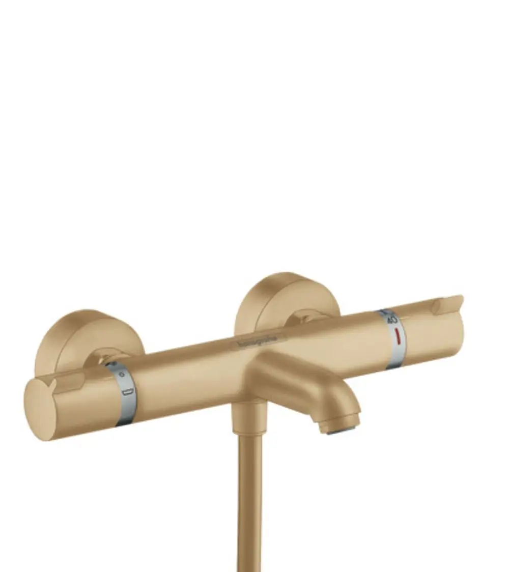 Thermostat von Hansgrohe in gebürstetem Bronze-Finish, mit zwei runden Reglern zur Temperatur- und Durchflussregelung und einem darauf fixierten Auslauf.